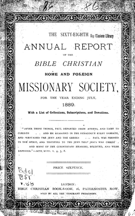 Missionary Society, for the Year Ending Jul Y, 1889