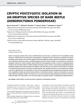 Cryptic Postzygotic Isolation in an Eruptive Species of Bark Beetle (Dendroctonus Ponderosae)