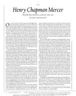 Henry Chapman Mercer Brief Life of an Innovative Ceramicist: 1856-1930 by Nancy Freudenthal