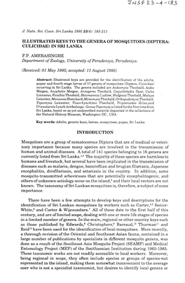 Illustrated Keys to the Genera of Mosquitoes (Diptera: Culicidae) in Sri Lanka