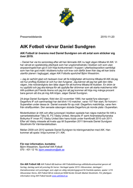 AIK Fotboll Värvar Daniel Sundgren
