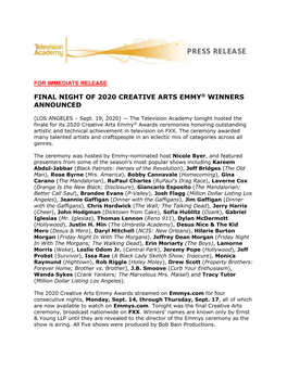 Final Night of 2020 Creative Arts Emmy® Winners Announced