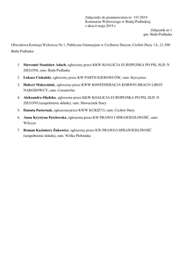 Załączniki Do Postanowienia Nr 151/2019 Komisarza Wyborczego W Białej Podlaskiej Z Dnia 6 Maja 2019 R