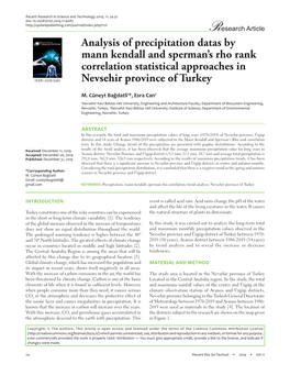 Analysis of Precipitation Datas by Mann Kendall and Sperman's Rho Rank Correlation Statistical Approaches in Nevsehir Province