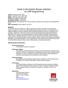 Guide to the Herbert Stoyan Collection on LISP Programming, 2011