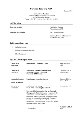 Christian Homburg, Ph.D. A) Education B) Research Interests C) Full-Time Employment