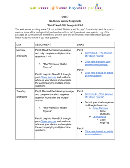 Grade 7 ELA Remote Learning Assignments Week 2: March 30Th Through April 3Rd This Week We Are Launching a New ELA Unit Entitled: “Resilience and Success”