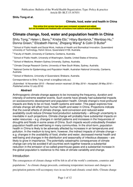 Climate Change, Food, Water and Population Health in China