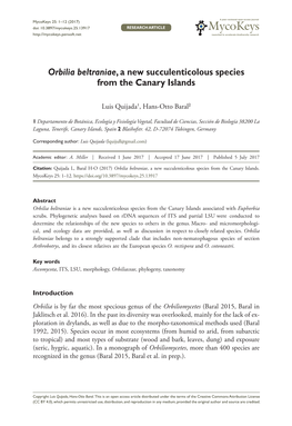 Orbilia Beltraniae, a New Succulenticolous Species from the Canary Islands