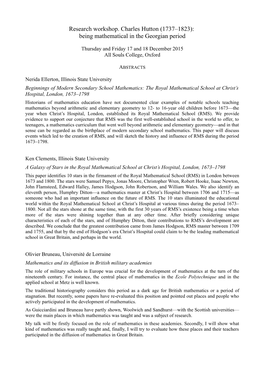 Research Workshop. Charles Hutton (1737–1823): Being Mathematical in the Georgian Period