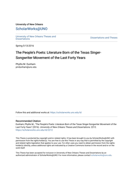 Literature Born of the Texas Singer-Songwriter Movement of the Last Forty Years" (2016)
