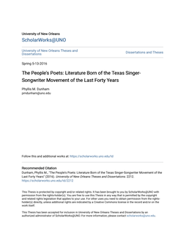 Literature Born of the Texas Singer-Songwriter Movement of the Last Forty Years