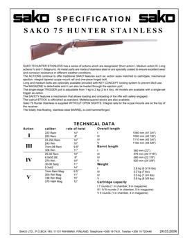 Specification Sako 75 Hunter Stainless