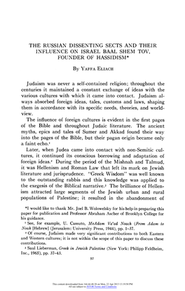 The Russian Dissenting Sects and Their Influence on Israel Baal Shem Tov, Founder of Hassidism*