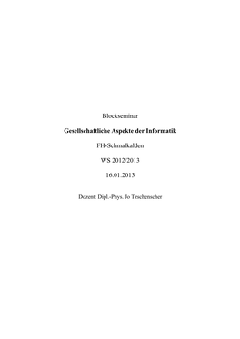 Blockseminar Gesellschaftliche Aspekte Der Informatik FH