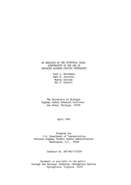 AN ANALYSIS of the POTENTIAL LEGAL CONSTRAINTS on the USE of ADVANCED ALCOHOL-TESTING TECHNOLOGY Paul A