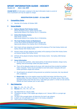 SPORT INFORMATION GUIDE - HOCKEY Version 2.5 Date 1 July 2009