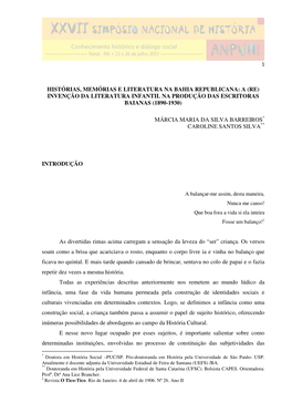 Histórias, Memórias E Literatura Na Bahia Republicana: a (Re) Invenção Da Literatura Infantil Na Produção Das Escritoras Baianas (1890-1930)