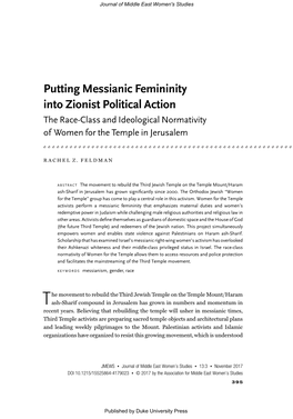 Putting Messianic Femininity Into Zionist Political Action the Race-Class and Ideological Normativity of Women for the Temple in Jerusalem