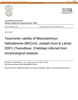 Taxonomic Validity of Mesoclemmys Heliostemma (Mccord, Joseph-Ouni & Lamar, 2001) (Testudines, Chelidae) Inferred from Morphological Analysis