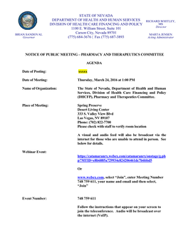 PHARMACY and THERAPEUTICS COMMITTEE AGENDA Date Of