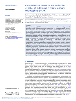 Comprehensive Review on the Molecular Genetics of Autosomal Recessive Primary Cambridge.Org/Grh Microcephaly (MCPH)