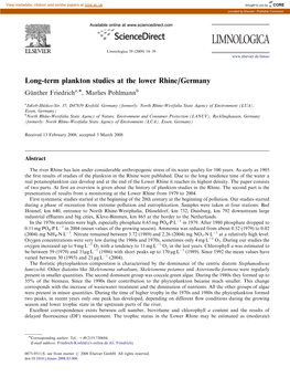 Long-Term Plankton Studies at the Lower Rhine/Germany Gu¨ Nther Friedricha,Ã, Marlies Pohlmannb