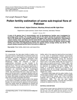 Pollen Fertility Estimation of Some Sub-Tropical Flora of Pakistan