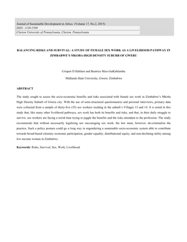 Balancing Risks and Survival: a Study of Female Sex Work As a Livelihood Pathway in Zimbabwe’S Mkoba High Density Suburb of Gweru