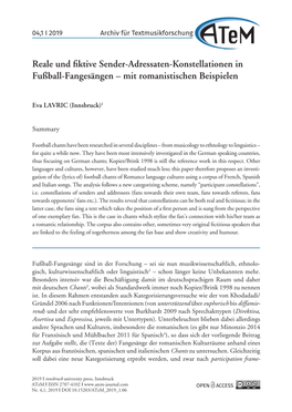 Reale Und Fiktive Sender-Adressaten-Konstellationen in Fußball-Fangesängen – Mit Romanistischen Beispielen