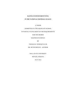 Rating System for Punting in the National Football League a Thesis Submitted to the Graduate School in Partial Fulfillment of Th