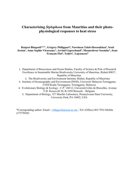Characterising Stylophora from Mauritius and Their Photo- Physiological Responses to Heat Stress