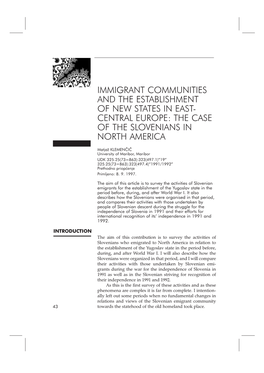 Immigrant Communities and the Establishment of New States in East- Central Europe: the Case of the Slovenians in North America