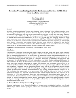 Jordanian Women Participation in the Parliamentary Elections of 2016: Field Study in Albalqa Governorate