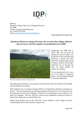 Sanamxay District in Attapeu Province, the Severely Dam Collapse Affected Zone in Laos, Is the First Organic Rice Production Area of IDP