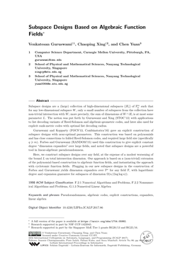 Subspace Designs Based on Algebraic Function Fields∗