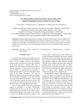 New Record of Pea Crabs (Pinnotheres Sinensis Shen, 1932) Along the Manakudy Estuary, Southwest Coast of India