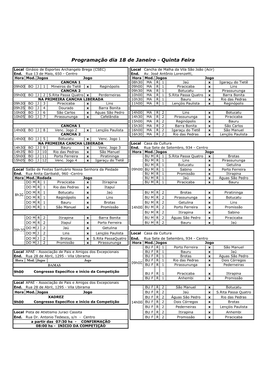 Programação Dia 18 De Janeiro - Quinta Feira