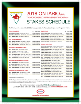 2018 Ontario(Tip) Stakes Schedule