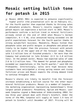 Mosaic Setting Bullish Tone for Potash in 2015