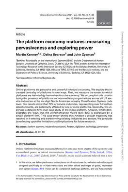 Measuring Pervasiveness and Exploring Power Martin Kenney1,*, Dafna Bearson2 and John Zysman3