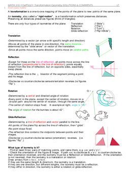 MATH 310 ¸Selftest¹ Transformation Geometry SOLUTIONS & COMMENTS S7 1