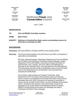 Briefing on Columbia River Basin Salmon and Steelhead Returns for 2019 and Run Forecasts for 2020