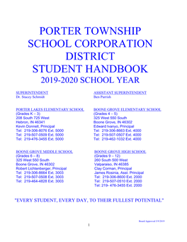 Porter Township School Corporation District Student Handbook 2019-2020 School Year