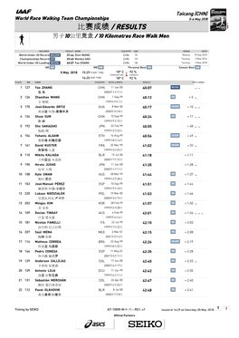 World Race Walking Team Championships 5-6 May 2018 比赛成绩 / RESULTS 男子10 公里竞走 / 10 Kilometres Race Walk Men