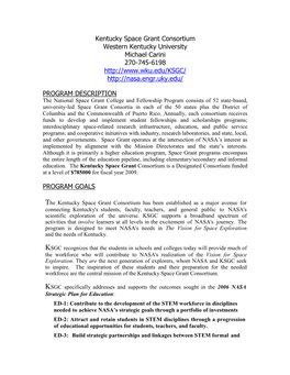 Kentucky Space Grant Consortium Western Kentucky University Michael Carini 270-745-6198