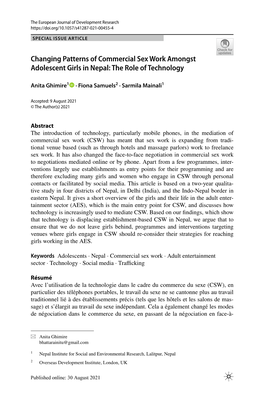 Changing Patterns of Commercial Sex Work Amongst Adolescent Girls in Nepal: the Role of Technology