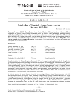 Schulich Year of Woodwinds - LARRY COMBS, CLARINET November 10-13, 2009 for Immediate Release