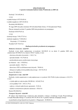 SPRAWOZDANIE W Sprawie Wykonania Budżetu Gminy Wodzierady Za 2009 Rok