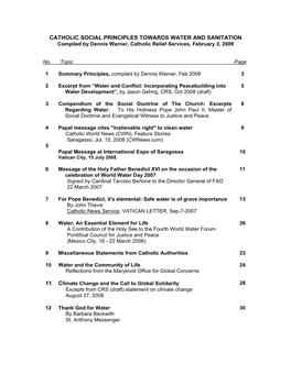 CATHOLIC SOCIAL PRINCIPLES TOWARDS WATER and SANITATION Compiled by Dennis Warner, Catholic Relief Services, February 3, 2009